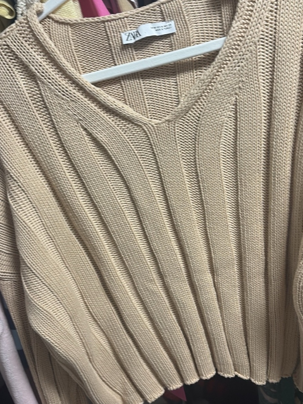 Zara Beige Ribbed V-Neck Sweater